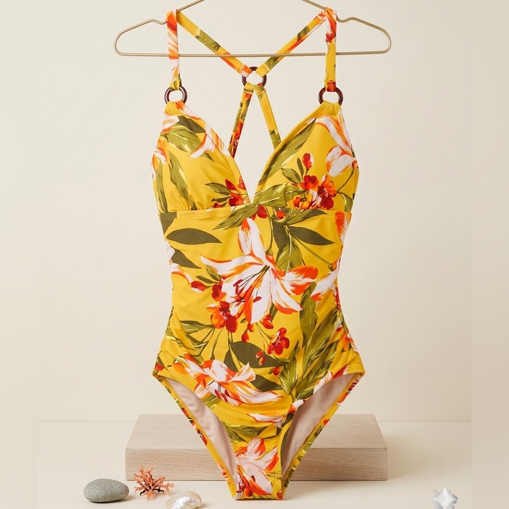 KONA SOL Boho Tropical Floral One Piece Swimsuit Yellow Hibiscus Print Small
